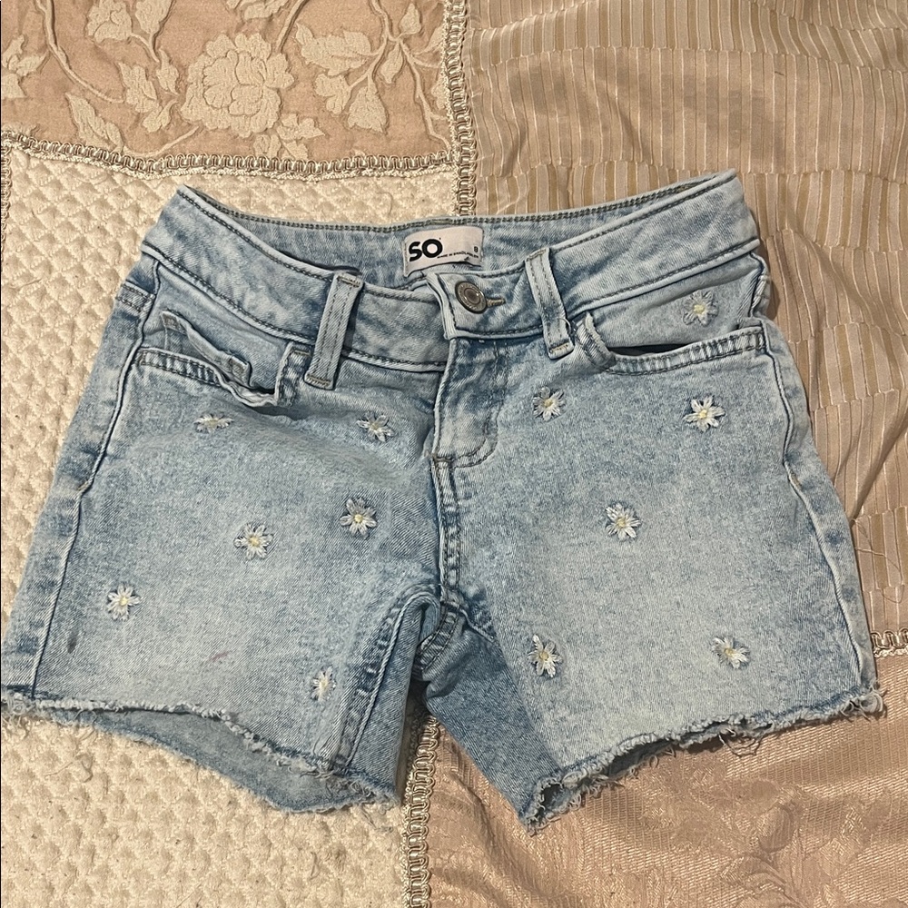 SO Floral Embroidered Light Blue Jean Shorts